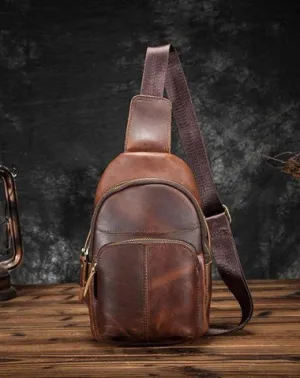 Cool Vintage Leather Mens Sling Bag Chest Bag Vintage One Shoulder Backpack For Men