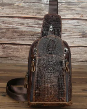 Crocodile Pattern Leather Backpack Men's Sling Bag Chest Bag Coffee One shoulder Backpack Sling Pack For Men