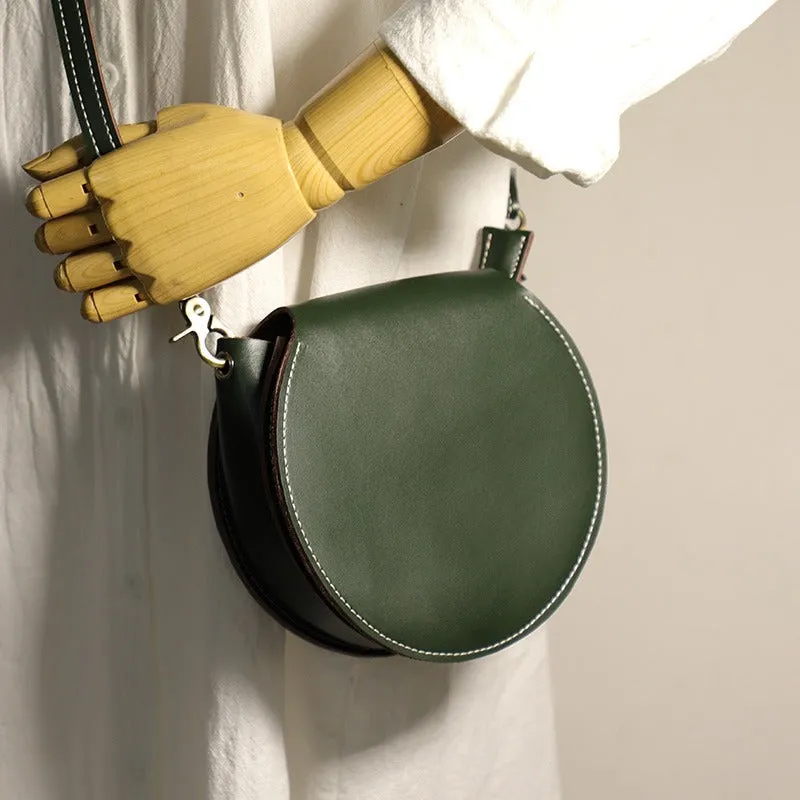 Cute Black LEATHER Around Side Bag Handmade WOMEN Circle Crossbody BAG Phone Purse FOR WOMEN