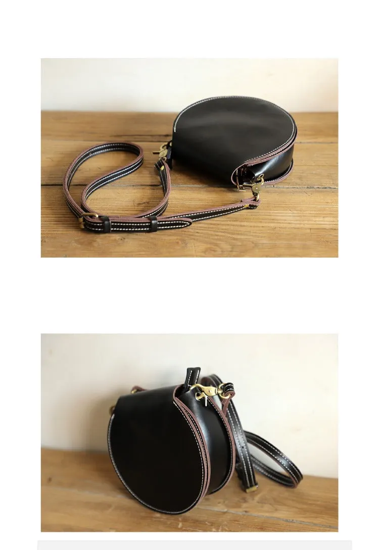 Cute Black LEATHER Around Side Bag Handmade WOMEN Circle Crossbody BAG Phone Purse FOR WOMEN