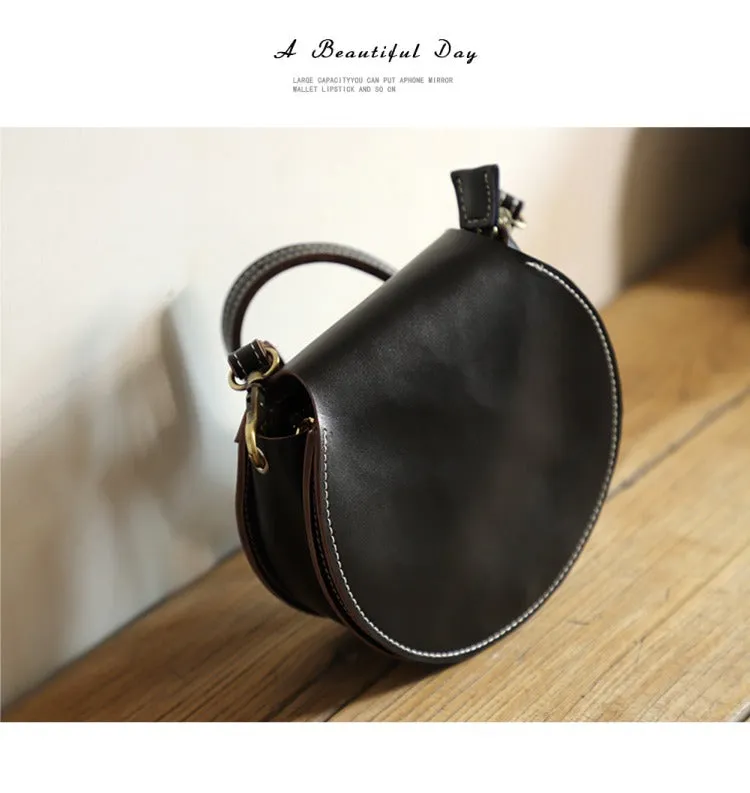 Cute Black LEATHER Around Side Bag Handmade WOMEN Circle Crossbody BAG Phone Purse FOR WOMEN