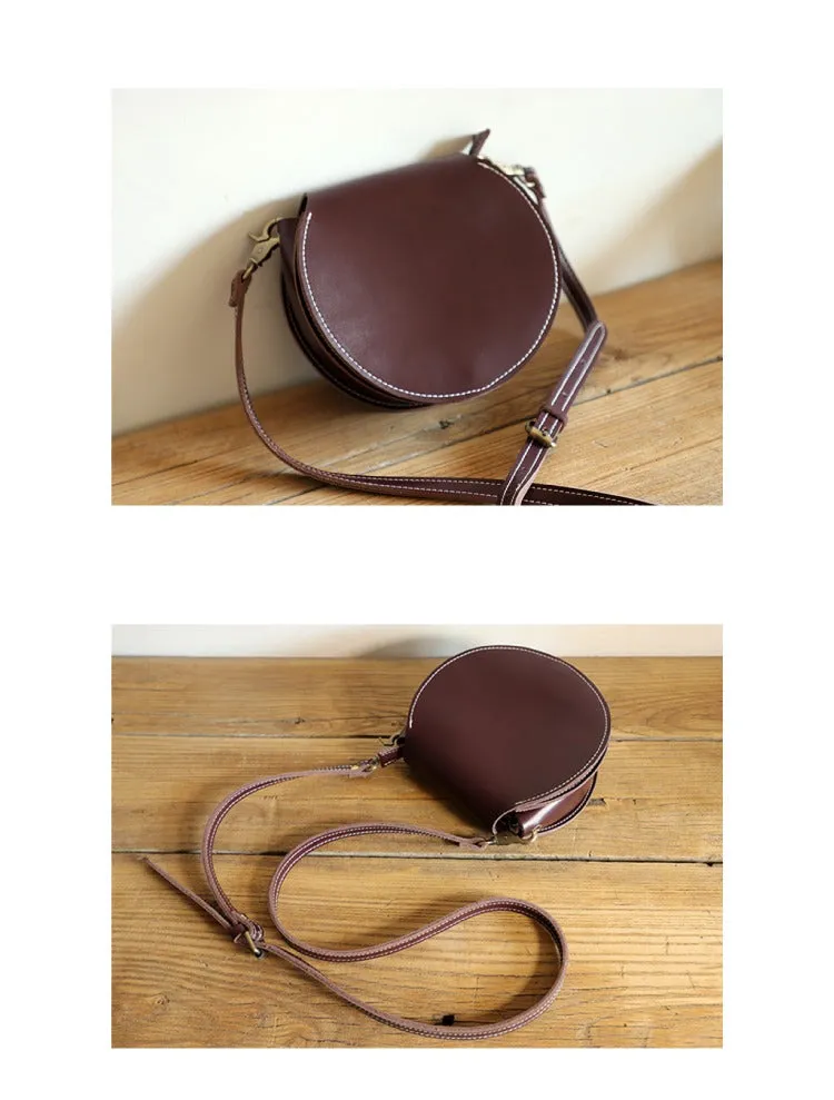 Cute Black LEATHER Around Side Bag Handmade WOMEN Circle Crossbody BAG Phone Purse FOR WOMEN