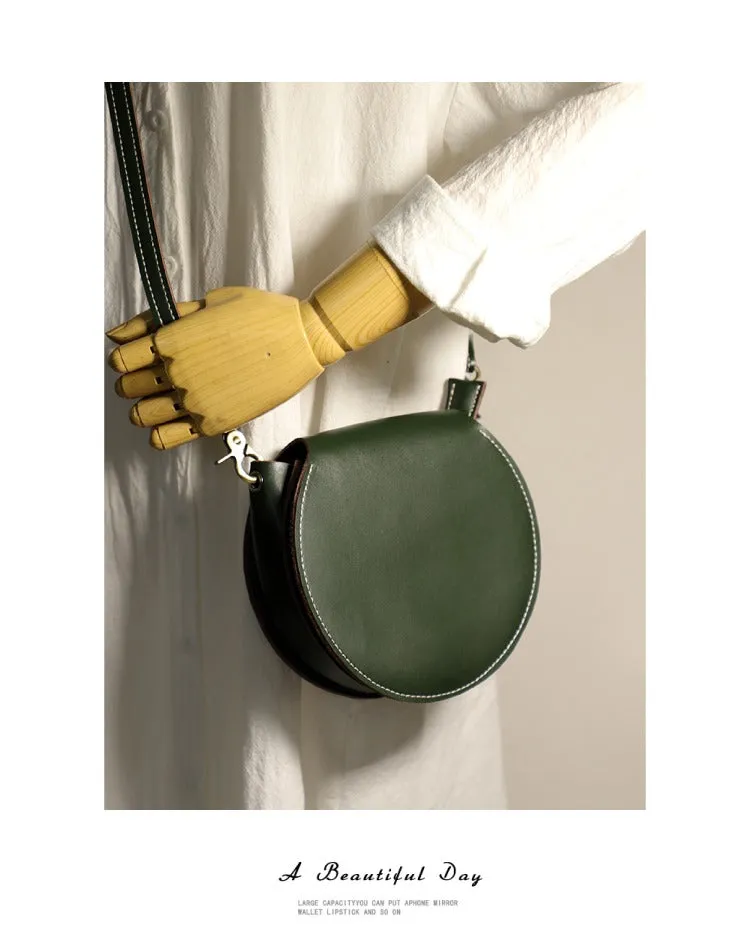Cute Coffee LEATHER Around Side Bag Handmade WOMEN Circle Crossbody BAG Phone Purse FOR WOMEN