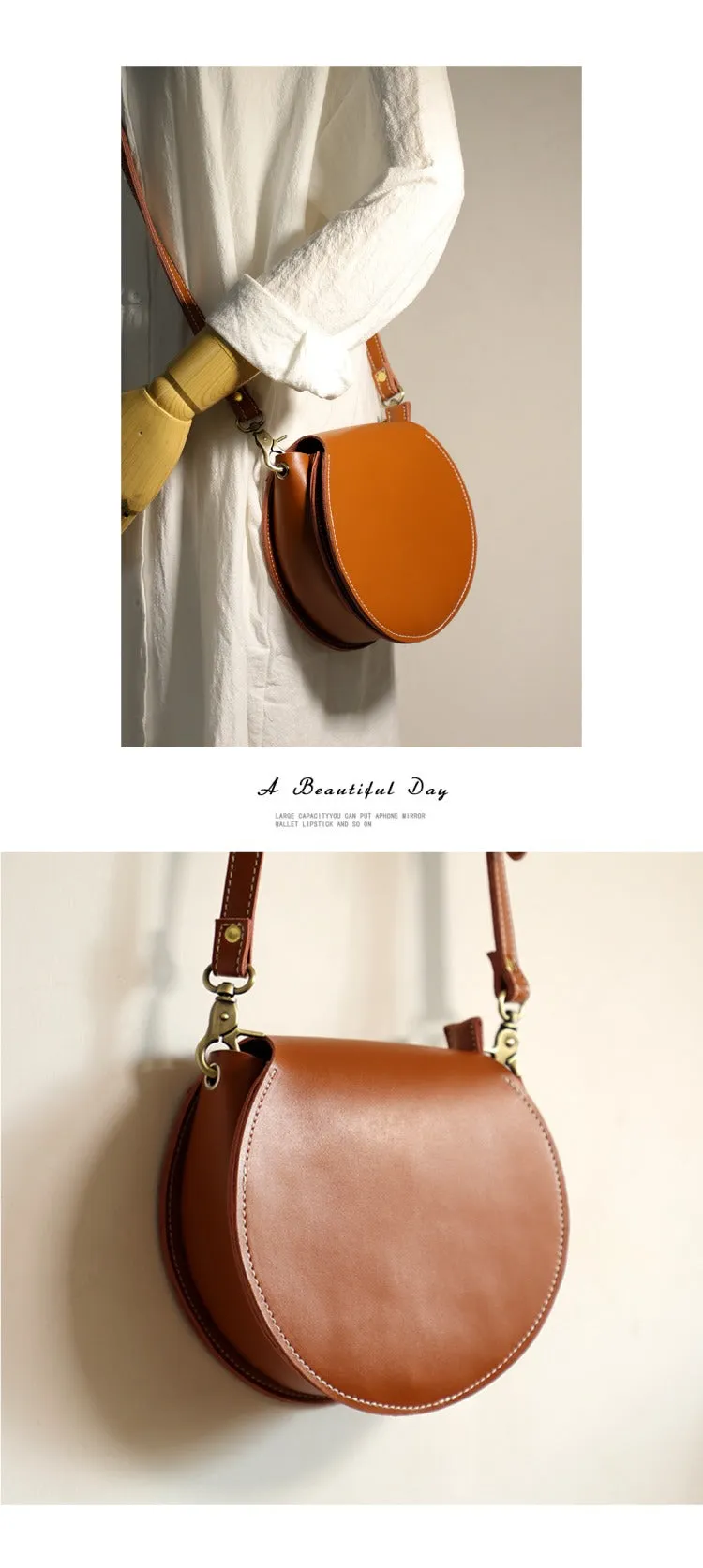 Cute Coffee LEATHER Around Side Bag Handmade WOMEN Circle Crossbody BAG Phone Purse FOR WOMEN