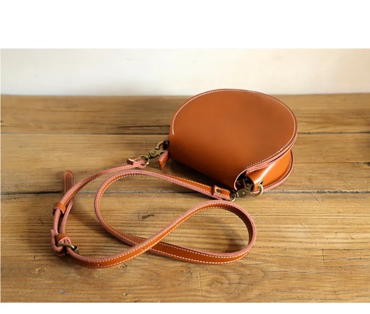 Cute Coffee LEATHER Around Side Bag Handmade WOMEN Circle Crossbody BAG Phone Purse FOR WOMEN