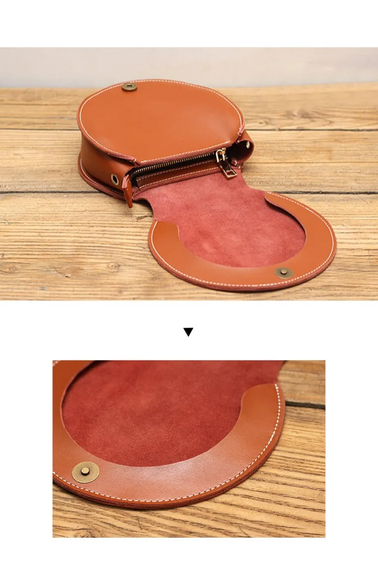 Cute Coffee LEATHER Around Side Bag Handmade WOMEN Circle Crossbody BAG Phone Purse FOR WOMEN