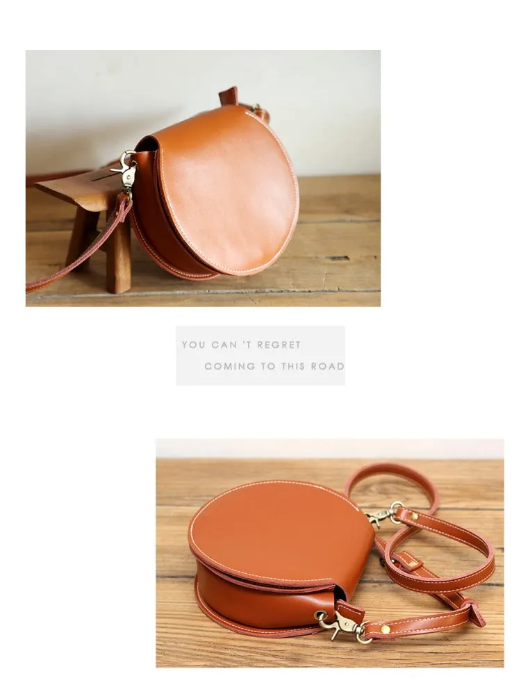 Cute Coffee LEATHER Around Side Bag Handmade WOMEN Circle Crossbody BAG Phone Purse FOR WOMEN