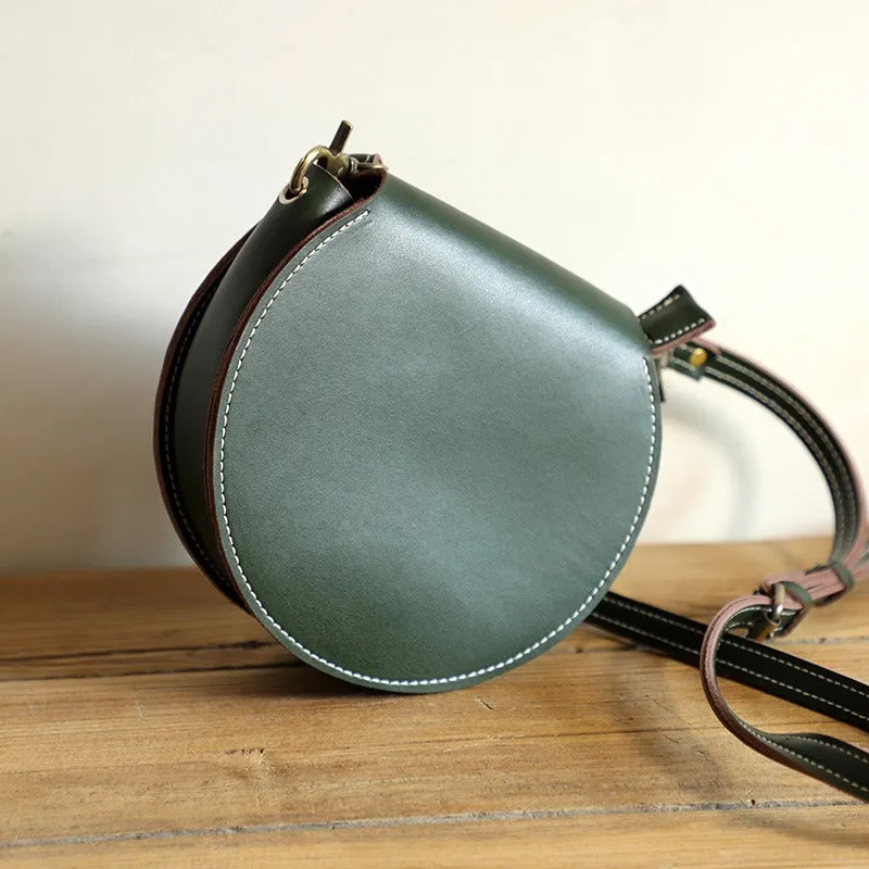 Cute Coffee LEATHER Around Side Bag Handmade WOMEN Circle Crossbody BAG Phone Purse FOR WOMEN