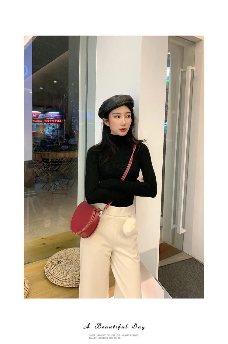 Cute Coffee LEATHER Around Side Bag Handmade WOMEN Circle Crossbody BAG Phone Purse FOR WOMEN