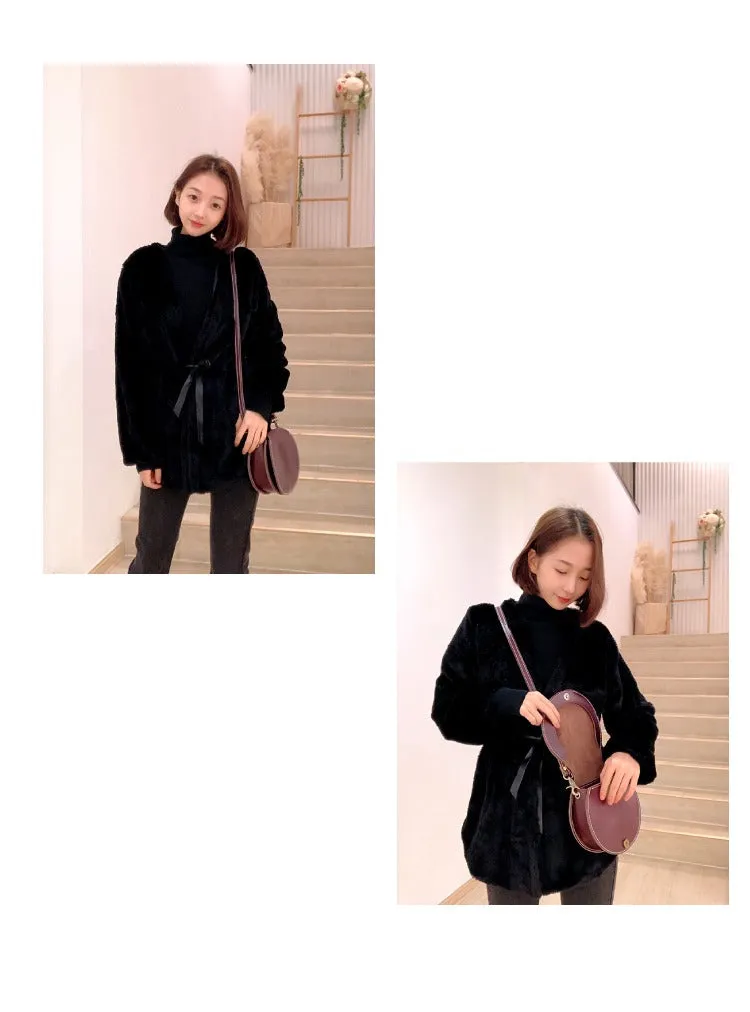 Cute Coffee LEATHER Around Side Bag Handmade WOMEN Circle Crossbody BAG Phone Purse FOR WOMEN