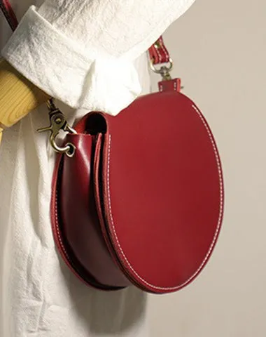 Cute Coffee LEATHER Around Side Bag Handmade WOMEN Circle Crossbody BAG Phone Purse FOR WOMEN