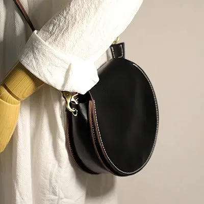 Cute Coffee LEATHER Around Side Bag Handmade WOMEN Circle Crossbody BAG Phone Purse FOR WOMEN