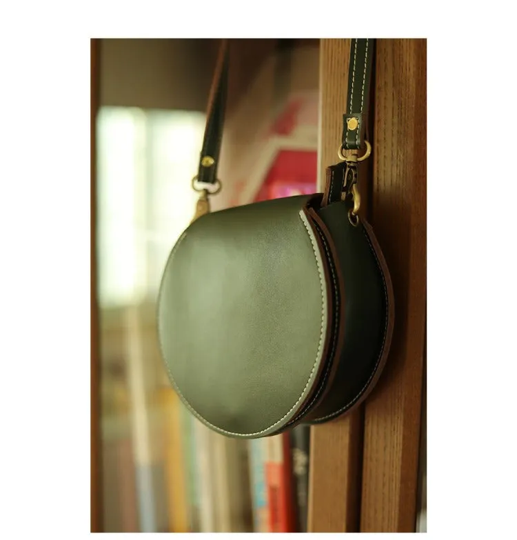 Cute Coffee LEATHER Around Side Bag Handmade WOMEN Circle Crossbody BAG Phone Purse FOR WOMEN