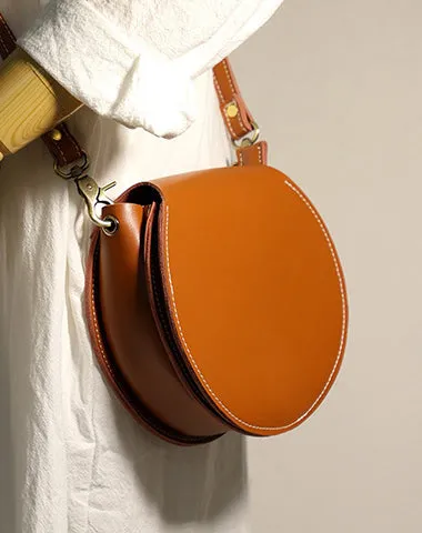 Cute Coffee LEATHER Around Side Bag Handmade WOMEN Circle Crossbody BAG Phone Purse FOR WOMEN
