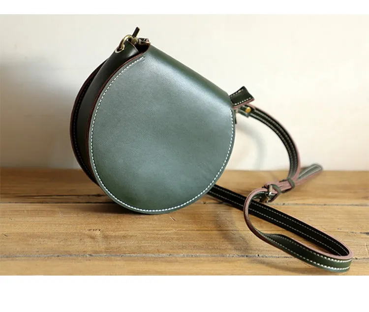 Cute Coffee LEATHER Around Side Bag Handmade WOMEN Circle Crossbody BAG Phone Purse FOR WOMEN