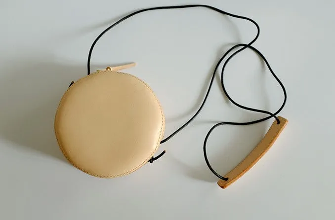 Cute Leather Beige Womens Small Round Crossbody Purse Circle Shoulder Bag for Women