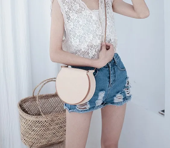 Cute Leather Beige Womens Small Round Saddle Crossbody Purse Shoulder Bag for Women