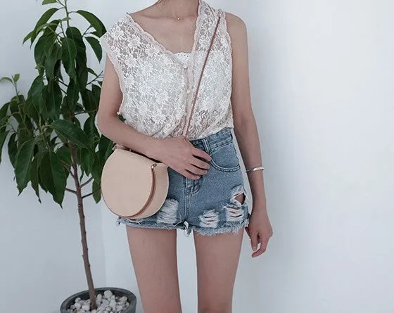 Cute Leather Beige Womens Small Round Saddle Crossbody Purse Shoulder Bag for Women