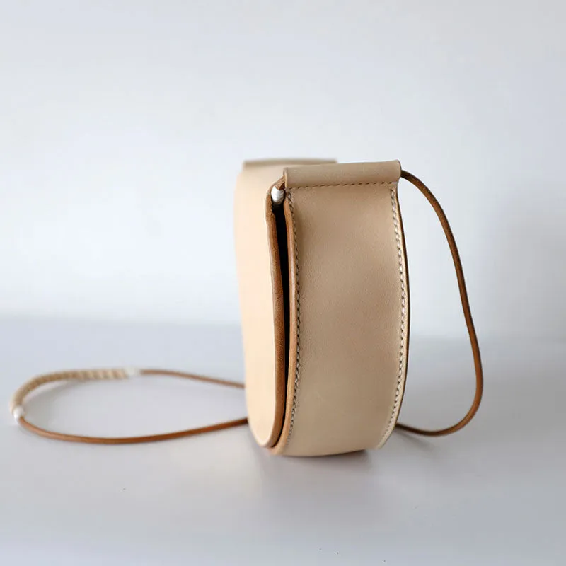 Cute Leather Beige Womens Small Round Saddle Crossbody Purse Shoulder Bag for Women