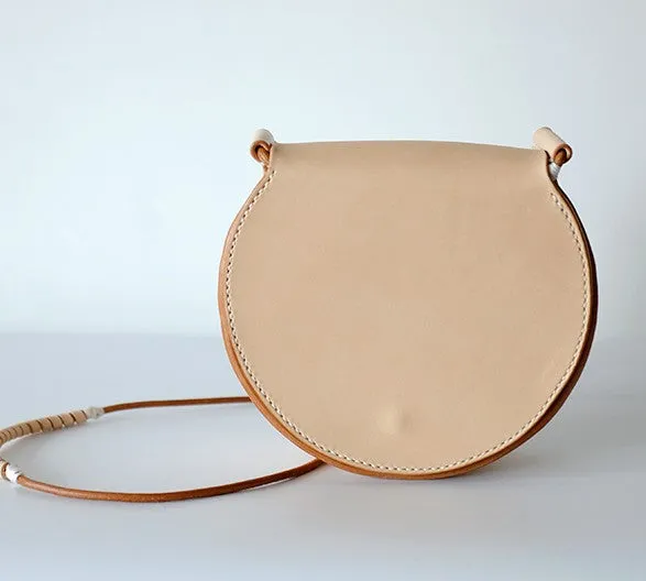 Cute Leather Beige Womens Small Round Saddle Crossbody Purse Shoulder Bag for Women