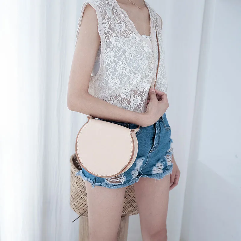 Cute Leather Beige Womens Small Round Saddle Crossbody Purse Shoulder Bag for Women