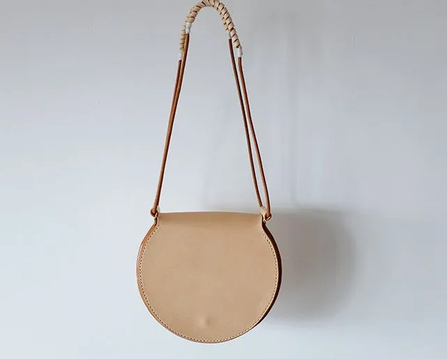 Cute Leather Beige Womens Small Round Saddle Crossbody Purse Shoulder Bag for Women