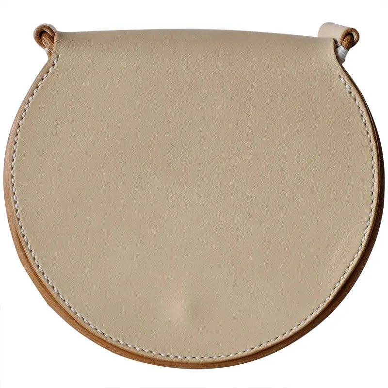 Cute Leather Beige Womens Small Round Saddle Crossbody Purse Shoulder Bag for Women