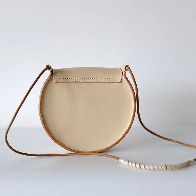Cute Leather Beige Womens Small Round Saddle Crossbody Purse Shoulder Bag for Women