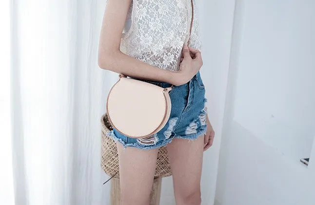Cute Leather Beige Womens Small Round Saddle Crossbody Purse Shoulder Bag for Women