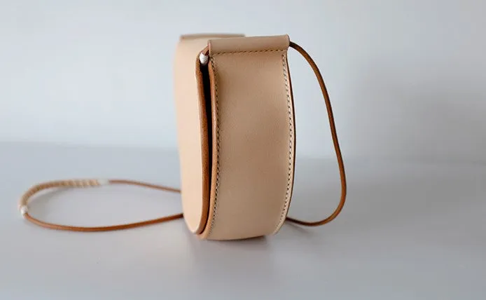 Cute Leather Beige Womens Small Round Saddle Crossbody Purse Shoulder Bag for Women
