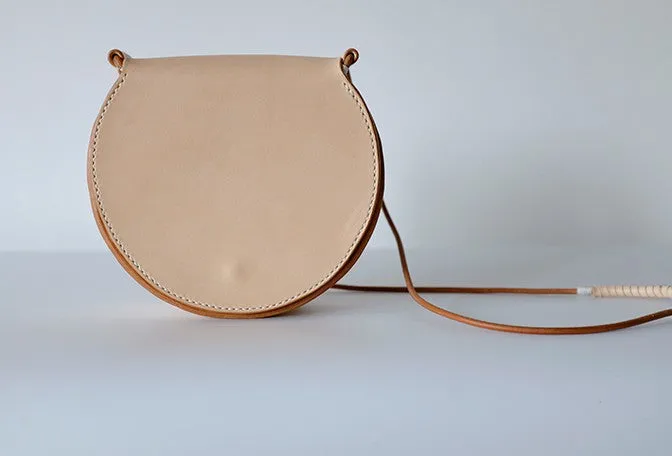 Cute Leather Beige Womens Small Round Saddle Crossbody Purse Shoulder Bag for Women