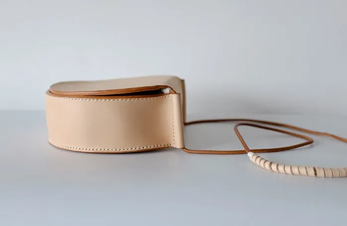 Cute Leather Beige Womens Small Round Saddle Crossbody Purse Shoulder Bag for Women