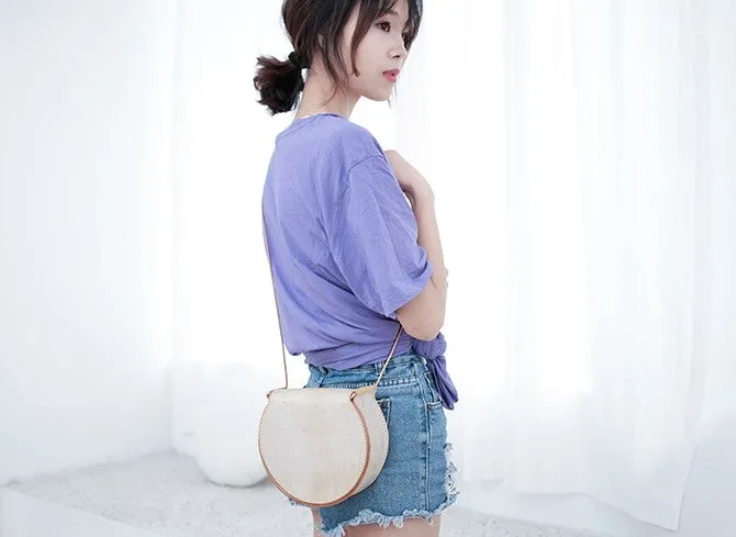 Cute Leather Womens Small Round Saddle Crossbody Purse Shoulder Bag for Women
