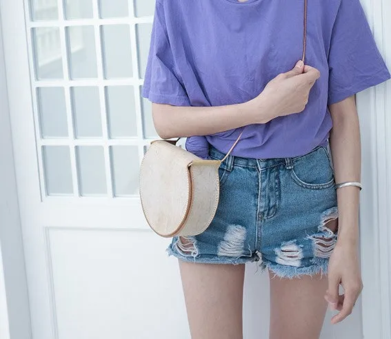 Cute Leather Womens Small Round Saddle Crossbody Purse Shoulder Bag for Women