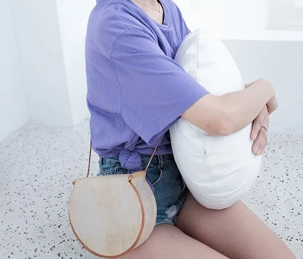 Cute Leather Womens Small Round Saddle Crossbody Purse Shoulder Bag for Women