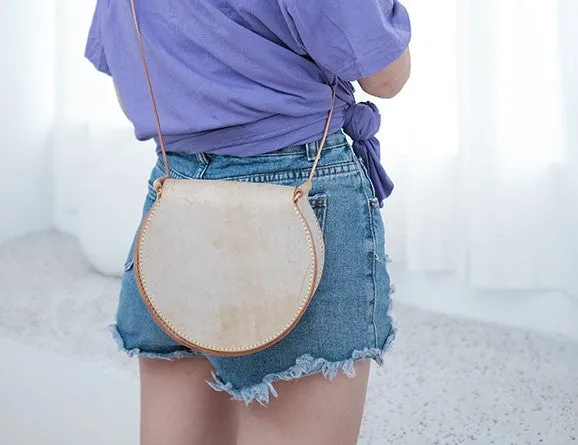 Cute Leather Womens Small Round Saddle Crossbody Purse Shoulder Bag for Women