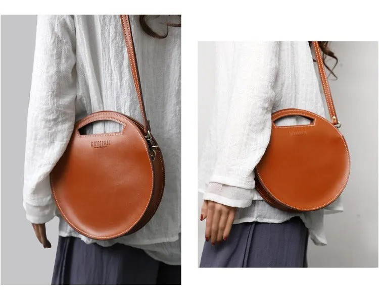 Cute Round LEATHER Handbag Black WOMEN Circle SHOULDER BAG Small Crossbody Purse FOR WOMEN