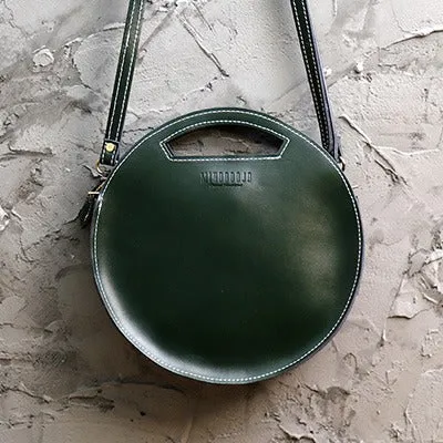 Cute Round LEATHER Handbag Brown WOMEN Circle SHOULDER BAG Small Crossbody Purse FOR WOMEN