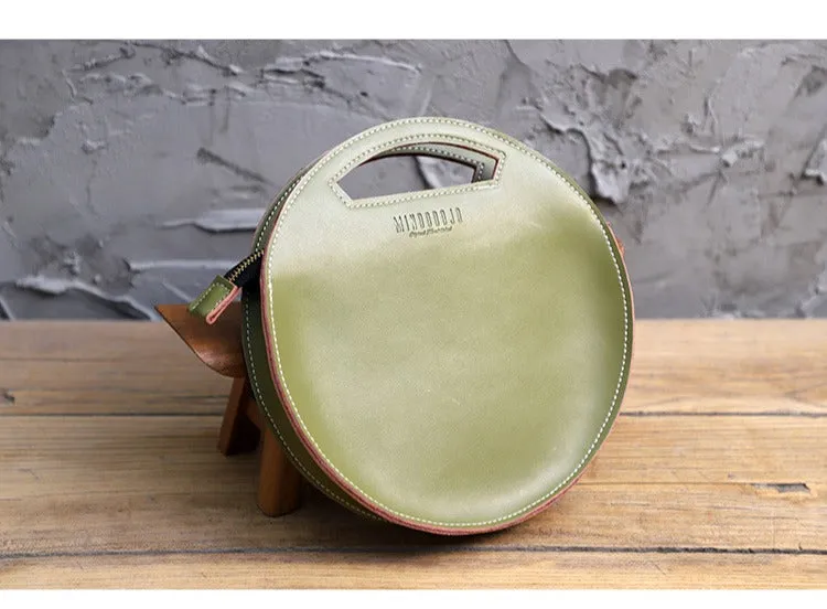 Cute Round LEATHER Handbag Brown WOMEN Circle SHOULDER BAG Small Crossbody Purse FOR WOMEN