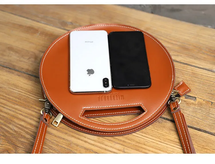 Cute Round LEATHER Handbag Brown WOMEN Circle SHOULDER BAG Small Crossbody Purse FOR WOMEN