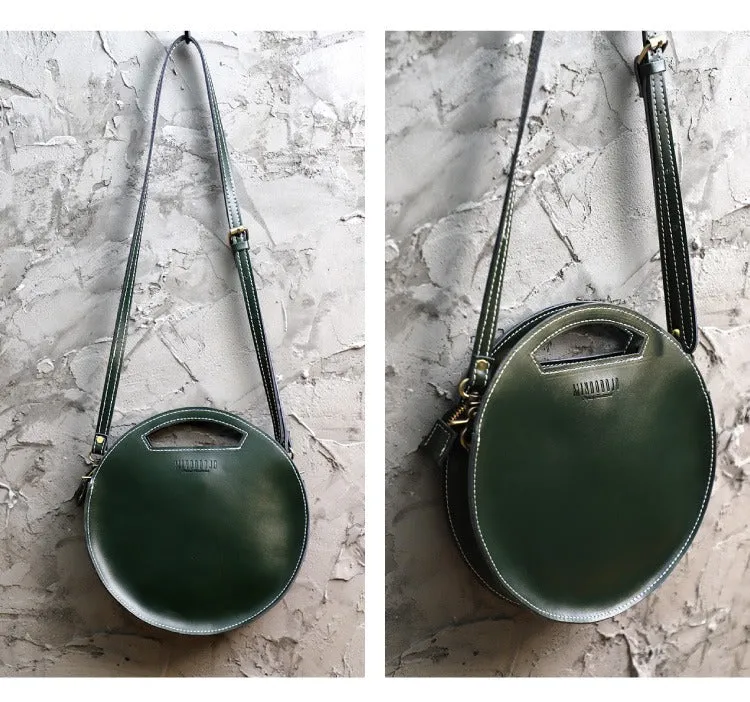 Cute Round LEATHER Handbag Brown WOMEN Circle SHOULDER BAG Small Crossbody Purse FOR WOMEN