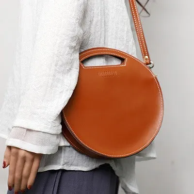 Cute Round LEATHER Handbag Brown WOMEN Circle SHOULDER BAG Small Crossbody Purse FOR WOMEN