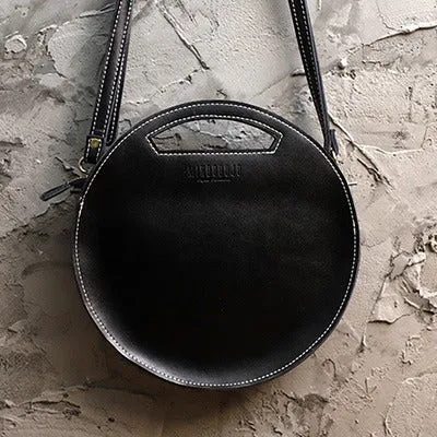 Cute Round LEATHER Handbag Brown WOMEN Circle SHOULDER BAG Small Crossbody Purse FOR WOMEN