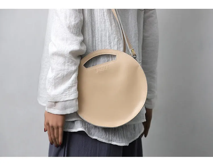 Cute Round LEATHER Handbag Brown WOMEN Circle SHOULDER BAG Small Crossbody Purse FOR WOMEN