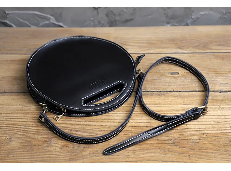Cute Round LEATHER Handbag Brown WOMEN Circle SHOULDER BAG Small Crossbody Purse FOR WOMEN