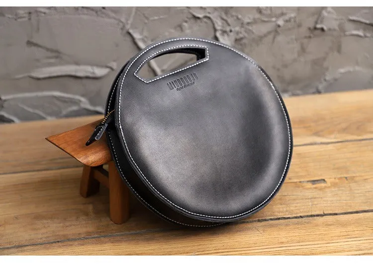 Cute Round LEATHER Handbag Brown WOMEN Circle SHOULDER BAG Small Crossbody Purse FOR WOMEN