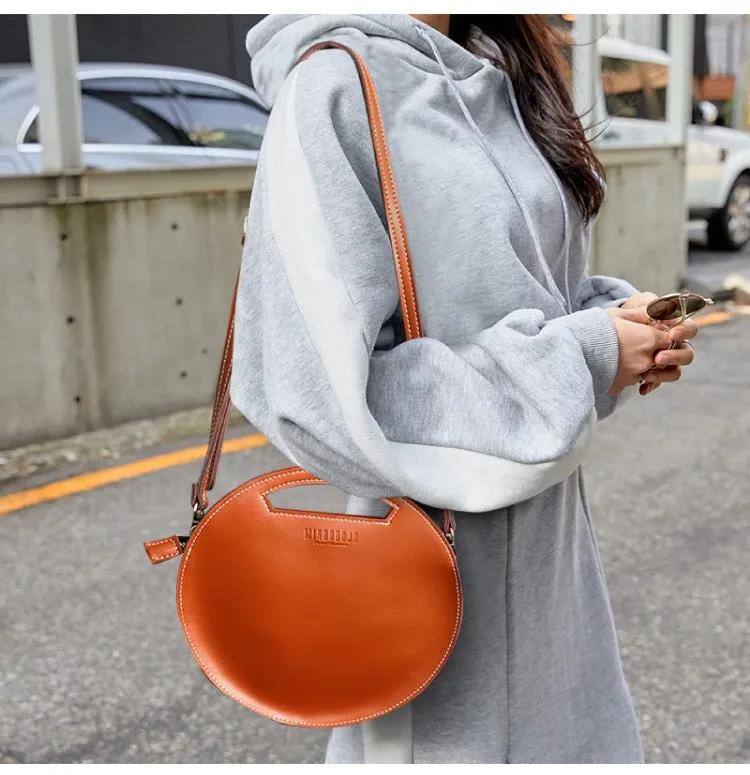 Cute Round LEATHER Handbag Brown WOMEN Circle SHOULDER BAG Small Crossbody Purse FOR WOMEN