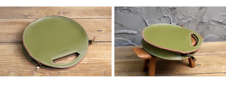 Cute Round LEATHER Handbag Green WOMEN Circle SHOULDER BAG Small Crossbody Purse FOR WOMEN