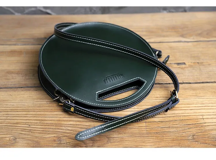 Cute Round LEATHER Handbag Green WOMEN Circle SHOULDER BAG Small Crossbody Purse FOR WOMEN