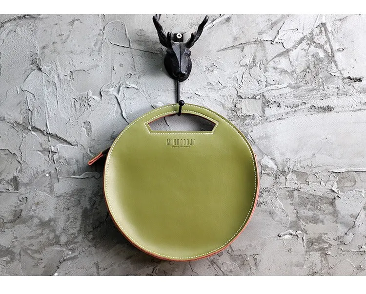 Cute Round LEATHER Handbag Green WOMEN Circle SHOULDER BAG Small Crossbody Purse FOR WOMEN
